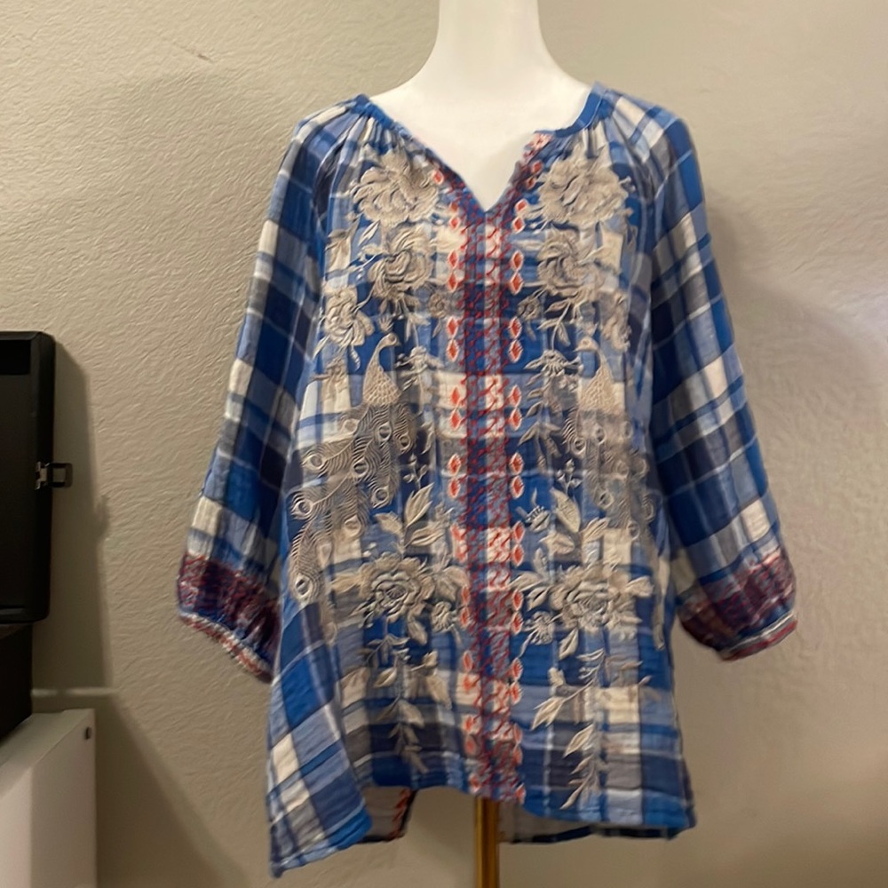 Johnny Was 100% Cotton Embroidered Effortless Plaid Blouse  Size S